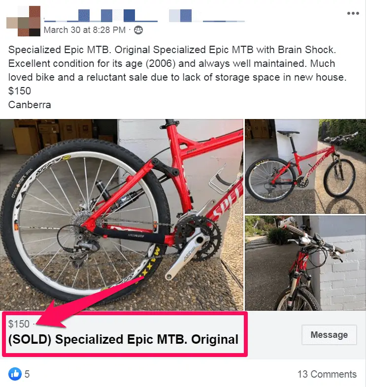 Bicycle selling on Facebook Marketplace
