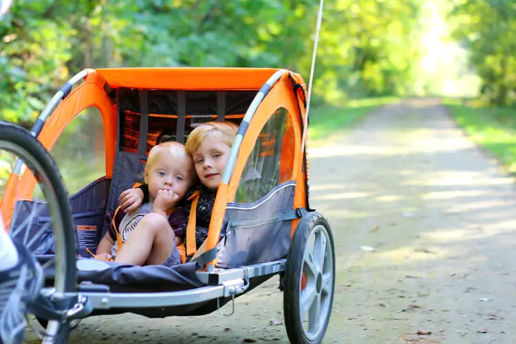 Two Boys in Bike Trailer Outside